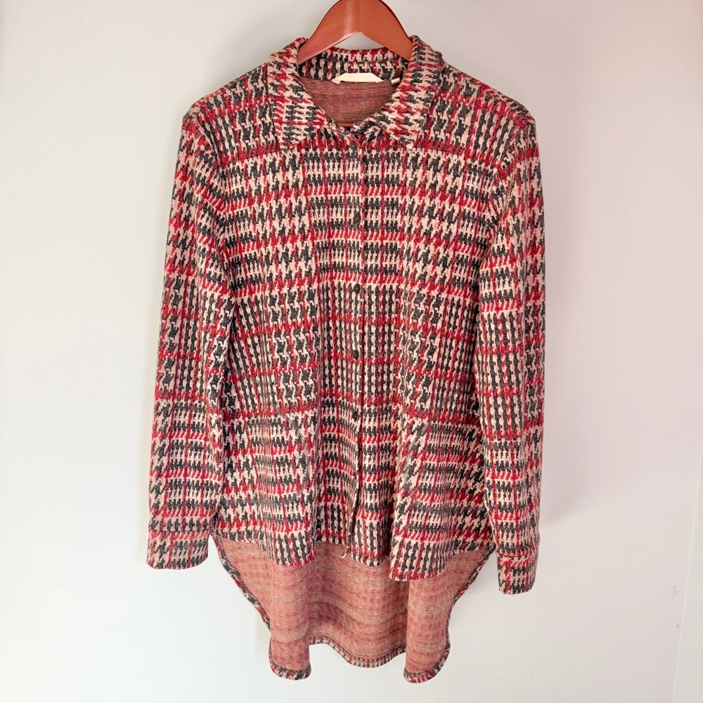 Soft Surroundings Houndstooth Hi-Lo Button Front Long Sleeve‎ Tunic Blouse Small